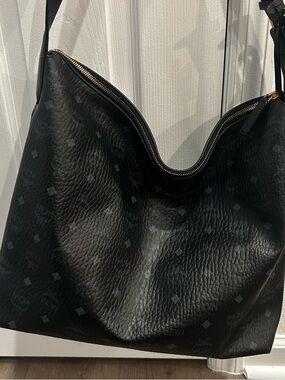 MCM Black Leather Hobo Shoulder Bag with Subtle Monogram